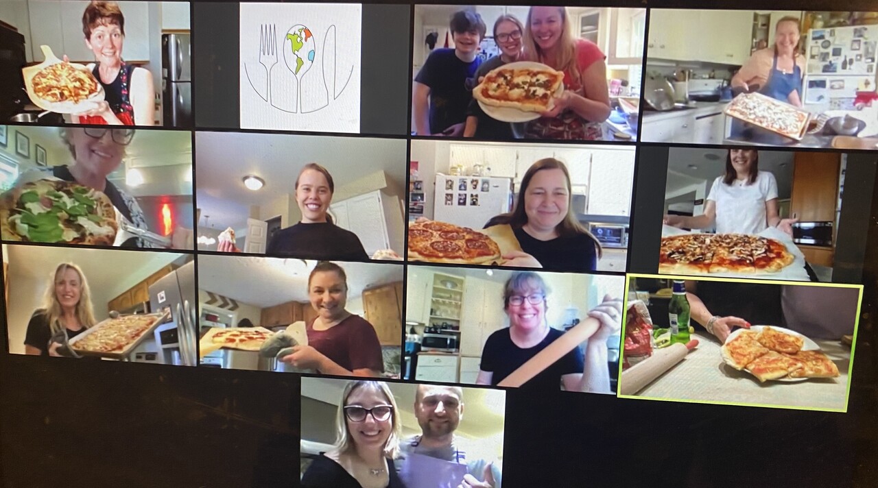Employees doing online pizza class
