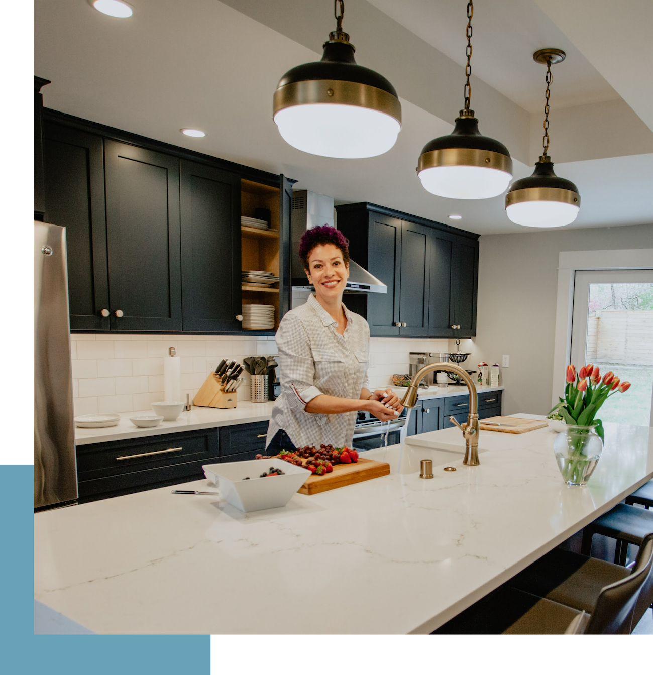 smiling woman at countertop